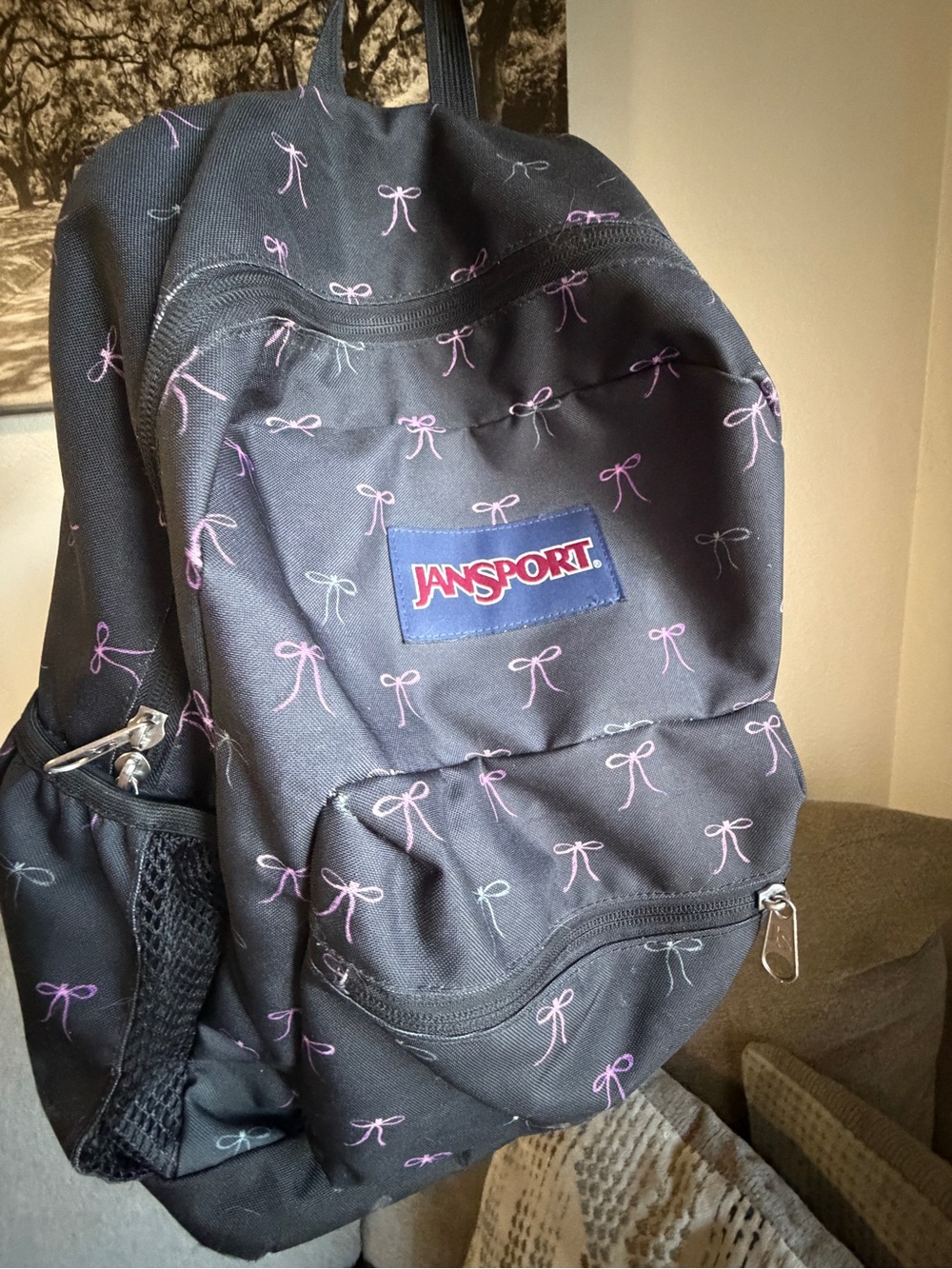 Jansport Black Backpack with Pink Bow Print